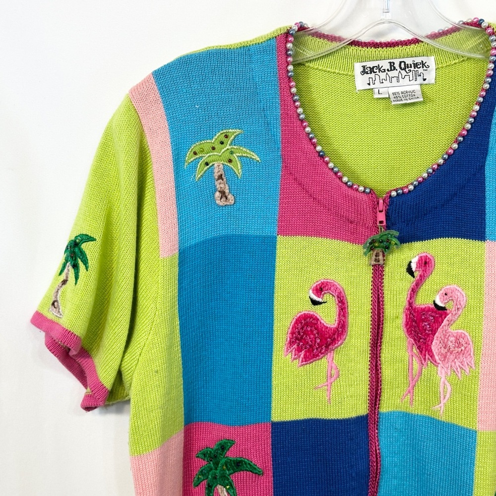 VTG‎ Jack B Quick Large Sweater Flamingo Beaded Zip Beachy Coastal Novelty 345 - Picture 5 of 11